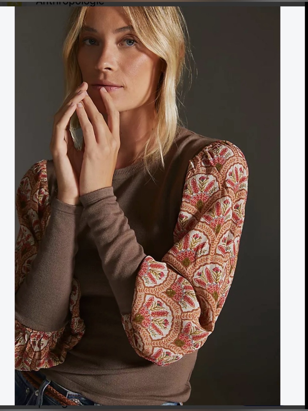 Bl^nk London Brown Long-Sleeve Sweater Top with Floral Patterned Sleeves Size M
